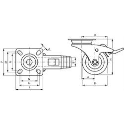 Apparaterolle mit Lochplatte TPE-Rad Gummi grau leichte Ausführung Lenkrolle mit Feststeller Rad-Ø 75, Technische Zeichnung