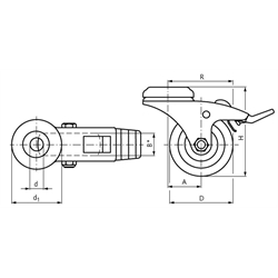 Apparaterolle mit Rückenloch TPE-Rad Gummi grau leichte Ausführung Lenkrolle mit Feststeller Rad-Ø 75 elektrisch leitfähig, Technische Zeichnung