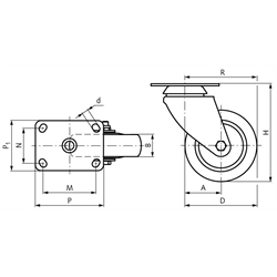 Apparaterolle mit Lochplatte TPE-Rad Gummi grau schwere Ausführung Lenkrolle Rad-Ø 100, Technische Zeichnung