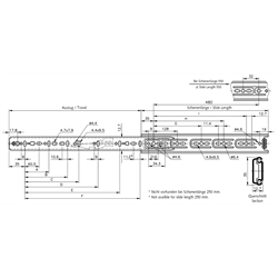 Auszugschienensatz DZ 2132 Schienenlänge 650mm hell verzinkt, Technische Zeichnung