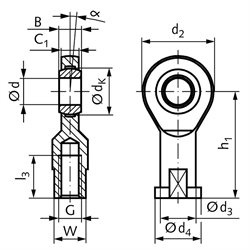 Gelenkkopf GEW DIN 12240-4 Maßreihe E Innengewinde M12 links wartungsfrei, Technische Zeichnung