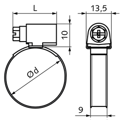 Schlauchschellen DIN 3017 Form A, W1, Stahl verzinkt, Technische Zeichnung