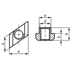 Muttern ähnlich DIN 508 für T-Nuten DIN 650, Rhombus-Form, Technische Zeichnung