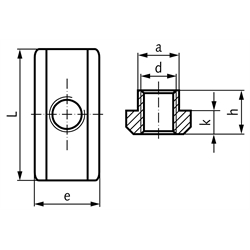 Mutter DIN 508 lang für T-Nut 10mm DIN 650 Gewinde M8 1.4571, Technische Zeichnung
