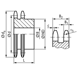 Zweifach-Kettenrad ZRG mit einseitiger Nabe 08 B-2 1/2x5/16" 11 Zähne Mat. Stahl Zähne induktiv gehärtet, Technische Zeichnung