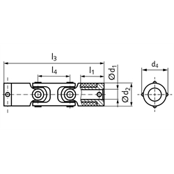 Doppel-Kreuzgelenk UKD beidseitig Bohrung 6mm Länge 89,8mm Enden mit Metallkappe , Technische Zeichnung