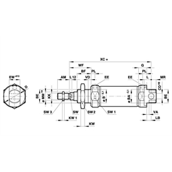 Doppeltwirkender Rundzylinder nach ISO 6432 mit Magnetkolben Zylinderdurchmesser 12mm Hub 10mm , Technische Zeichnung