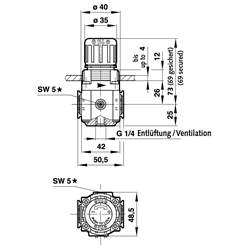 Druckbegrenzungsventil Anschluss G1/4 , Technische Zeichnung
