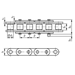 Rostfreie Einfach-Rollenkette ähnlich 10 B-1 Teilung 5/8x3/8" Werkstoff 1.4301 gerade Laschen, Technische Zeichnung
