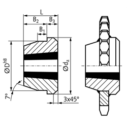 Einschweißnabe für Taper-Spannbuchse 1215 Außendurchmesser 76mm Material Stahl, Technische Zeichnung