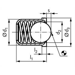 Federndes Druckstück d1=5mm Ausführung GN glatt Hülse und Kugel Edelstahl, Technische Zeichnung