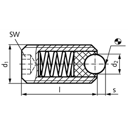 Federndes Druckstück M12 mit beweglicher Kugel und Innensechskant Edelstahl 1.4305, Technische Zeichnung