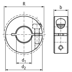 Geschlitzter Klemmring Edelstahl 1.4305 Bohrung 0,25 Zoll = 6,35mm mit Schraube DIN 912 A2-70, Technische Zeichnung