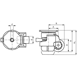 Heberolle mit Rückenloch Ratschenverstellung Lenkrolle Rad-Ø 75, Technische Zeichnung