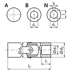 Kreuzgelenk KE Außendurchmesser 20mm beidseitig Bohrung 12H7 mit Nut DIN 6885-1 Toleranz JS9, Technische Zeichnung
