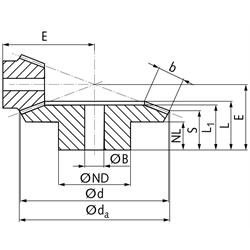 Kegelrad aus Stahl Modul 1,5 16 Zähne Übersetzung 2,5:1 gefräst , Technische Zeichnung