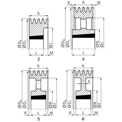 Keilriemenscheiben für Taper-Spannbuchsen, Profil A, SPA und XPA (13), 4-rillig, Technische Zeichnung