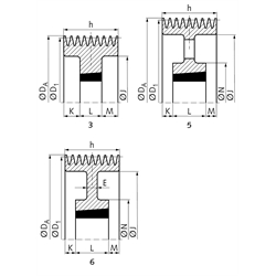 Keilriemenscheiben für Taper-Spannbuchsen, Profil B, SPB und XPB (17), 8-rillig, Technische Zeichnung