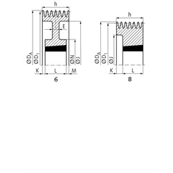 Keilriemenscheiben für Taper-Spannbuchsen, Profil Z, SPZ und XPZ (10), 6-rillig, Technische Zeichnung
