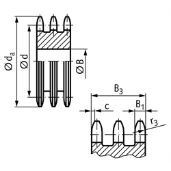 Dreifach-Kettenradscheibe DRL ohne Nabe 12 B-3 3/4x7/16 12 Zähne Mat. Stahl , Technische Zeichnung