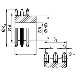 Dreifach-Kettenrad DRS mit einseitiger Nabe 08 B-3 1/2x5/16" 45 Zähne Mat. Grauguss , Technische Zeichnung