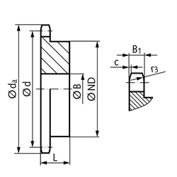 Kettenrad KRG mit einseitiger Nabe 08 B-1 1/2x5/16" 12 Zähne Material Stahl Zähne induktiv gehärtet, Technische Zeichnung