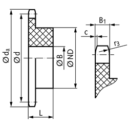 Kettenrad KRK mit einseitiger Nabe 08B-1 1/2x5/16" 19 Zähne Mat. Polyacetal , Technische Zeichnung