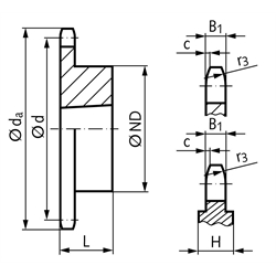 Kettenräder KRT 12 B-1, Teilung 3/4 x 7/16'' , Technische Zeichnung