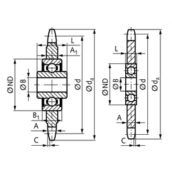 Kettenspannrad KSP-R Material 1.4301 08 B-1 1/2x5/16" 18 Zähne mit Kugellager, Technische Zeichnung