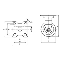 Kompaktrolle mit Lochplatte TPU-Rad Bockrolle Rad-Ø 35, Technische Zeichnung