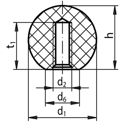 Kugelknopf DIN 319 Form C Aluminium poliert Durchmesser 25mm Gewinde M6, Technische Zeichnung