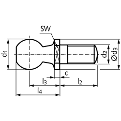 Kugelzapfen DIN 71803 mit Gewindezapfen, Stahl verzinkt, Technische Zeichnung