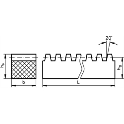 Zahnstange aus POM Modul 1,5 Zahnbreite 15mm Höhe =15mm Länge 500mm , Technische Zeichnung