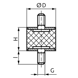 Metall-Gummipuffer MGP Durchmesser 30mm Höhe 20mm Gewinde M8 x 20mm Edelstahl 1.4301 , Technische Zeichnung