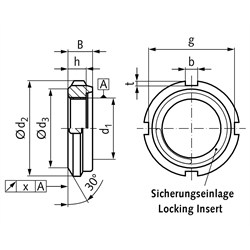 Nutmutter UW rostfrei mit Sicherungseinlage Gewinde M45x1,5 Edelstahl 1.4301 , Technische Zeichnung
