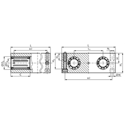 Quadro-Linearlagereinheit KGQ-3 ISO-Reihe 3 Premium mit Linear-Kugellagern mit Winkelausgleich mit Doppellippendichtung für Wellen-Ø 40mm, Technische Zeichnung