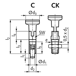 Rastbolzen 717 Form CK Bolzendurchmesser 5mm Gewinde M8, Technische Zeichnung