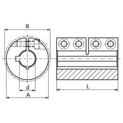 Geschlitzte Schalenkupplung MAS beidseitig Bohrung 6mm mit Nut Stahl C45 brüniert mit Schrauben DIN 912-12.9 , Technische Zeichnung