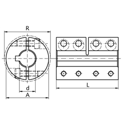 Geteilte Schalenkupplung MAT beidseitig Bohrung 6mm mit Nut Stahl C45 brüniert mit Schrauben DIN 912-12.9, Technische Zeichnung