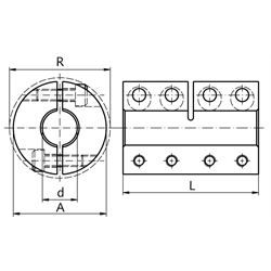 Geteilte Schalenkupplung MAT beidseitig Bohrung 25mm ohne Nut Edelstahl 1.4305 mit Schrauben DIN 912 A2-70 , Technische Zeichnung