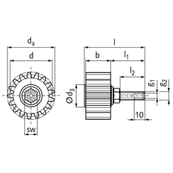 PU-Schmierzahnrad Modul 10 17 Zähne geradverzahnt Schmieranschluss axial, Technische Zeichnung