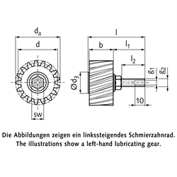 PU-Schmierzahnrad Modul 10 17 Zähne schrägverzahnt rechtssteigend Schmieranschluss axial, Technische Zeichnung