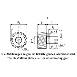 PU-Schmierzahnrad Modul 6 17 Zähne schrägverzahnt linkssteigend Schmieranschluss radial, Technische Zeichnung