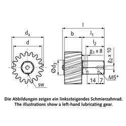 Schmierzahnräder, schrägverzahnt, Schmieranschluss radial, Technische Zeichnung