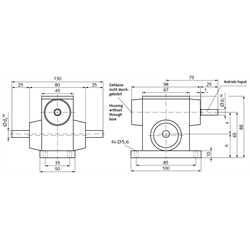 Schneckengetriebe G/II Ausführung A Achsabstand 31mm Übersetzung 5:1 (Betriebsanleitung im Internet unter www.maedler.de im Bereich Downloads), Technische Zeichnung