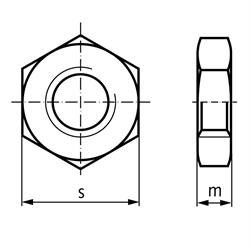 Niedrige Sechskantmutter ISO 4035 (DIN 439) Edelstahl A2 Festigkeit 035 Gewinde M20 rechts, Technische Zeichnung