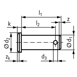 Bolzen mit Splintloch Größe 20 x 53 x 47 Edelstahl 1.4301; passend zu Gabelkopf 20 x 40 und 20 x 80, Technische Zeichnung
