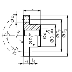 Einbaufertige Flanschmutter mit Trapezgewinde DIN 103 Tr. 16 x 8 P4 zweigängig rechts Rotguss Rg7, Technische Zeichnung