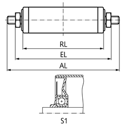 Tragrolle S1 Stahl verzinkt Ø=50mm RL=400mm EL=420mm AL=450mm Außengewinde, Technische Zeichnung