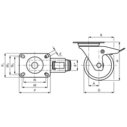 Transportrolle mit Lochplatte PU-Rad Lenkrolle mit Feststeller Rad-Ø 150, Technische Zeichnung
